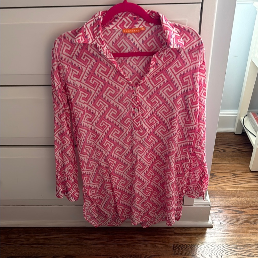 Oliphant Pink and White Notched Collar Mini Cover Up Dress